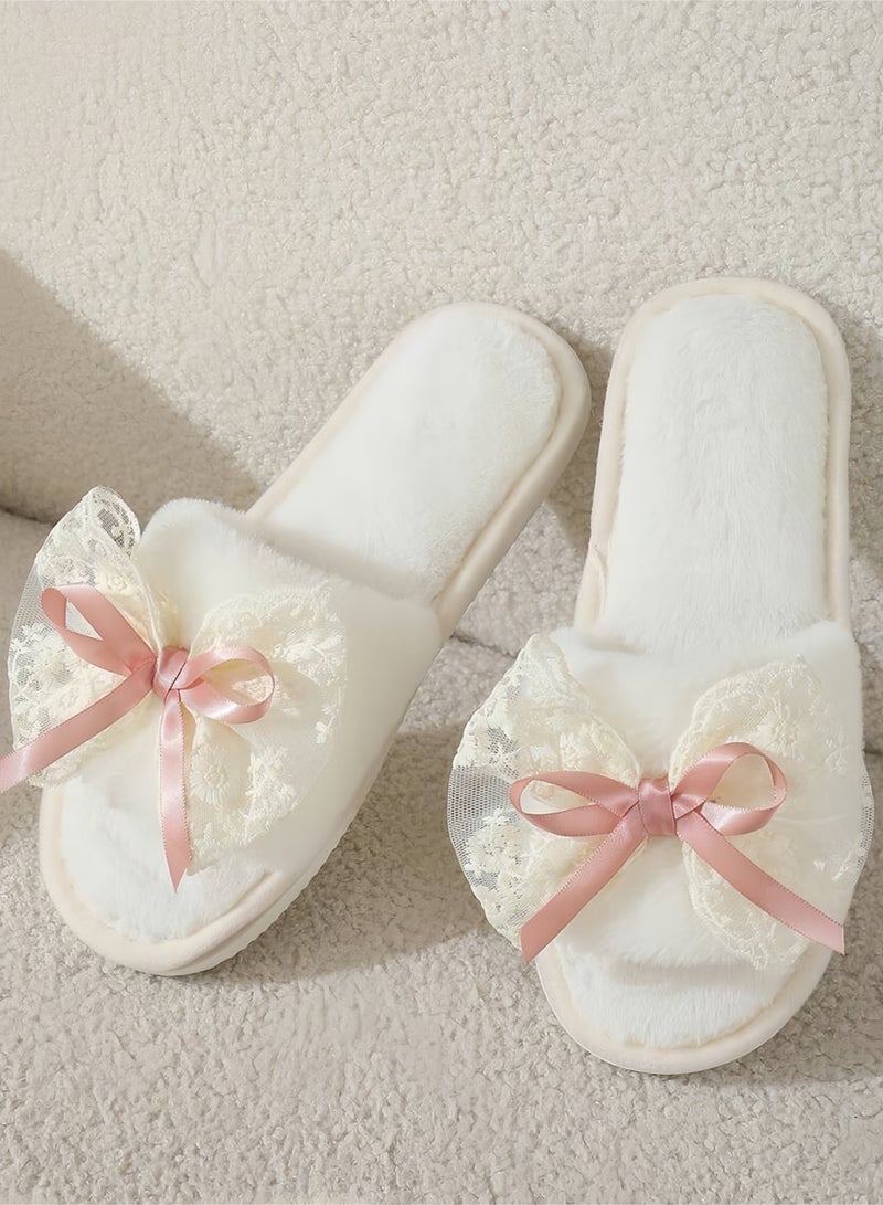 QIRRA House Slippers for Women, Plush Bedroom Slippers with Lace Bow, Warm Indoor Non-slip House Shoes - Image 4
